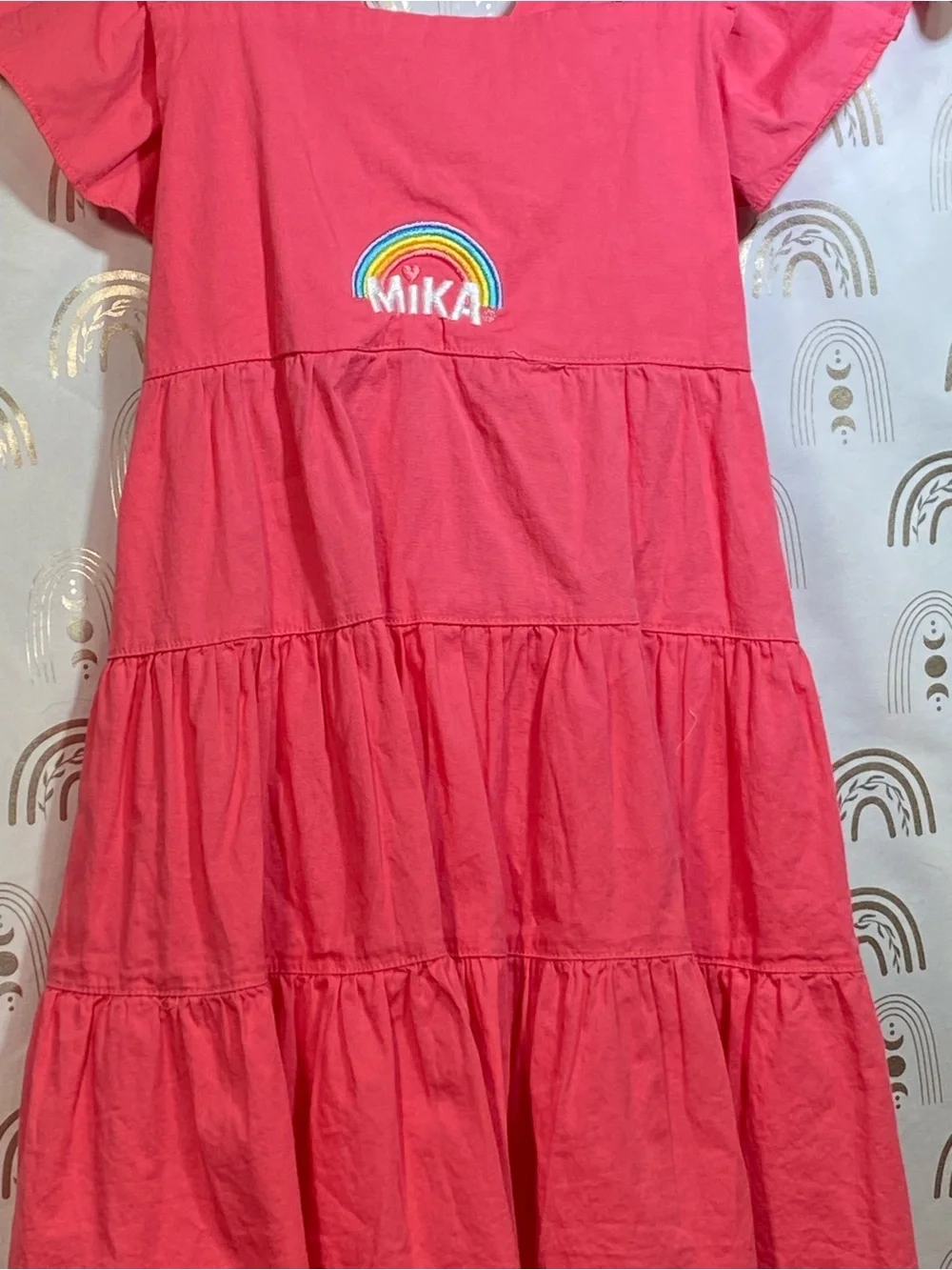 Mika Yoga Wear Coral Pink Tiered Dress with Rainbow Embroidery